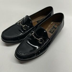 Gucci Horsebit Loafers Shoes Shiny Patent Leather Calfskin Black Silver 38.5 8.5